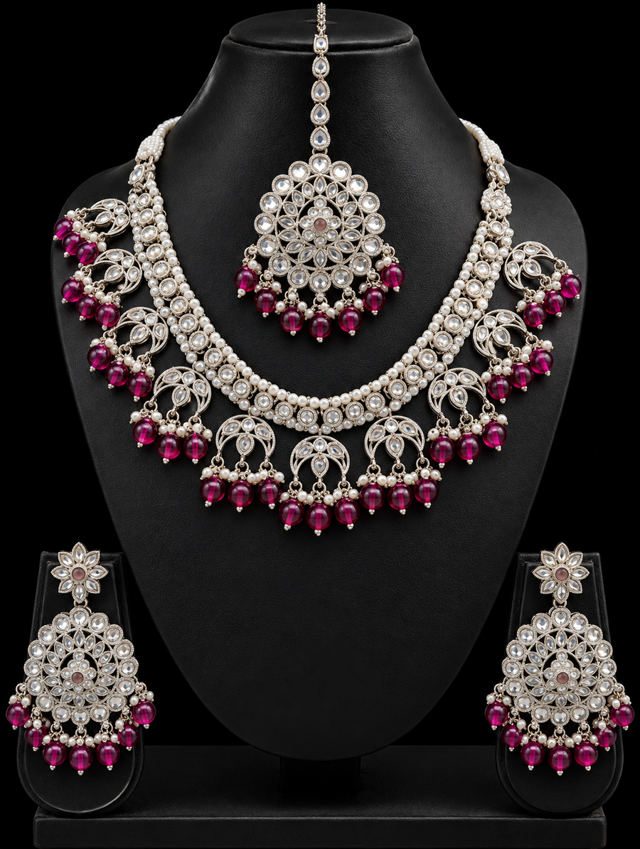 Oxidized Jewellery Silver Necklace Set with Purple Beads
