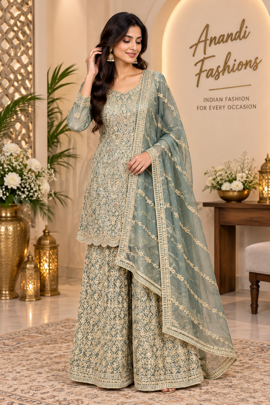 Pastel green Full Work Palazzo set