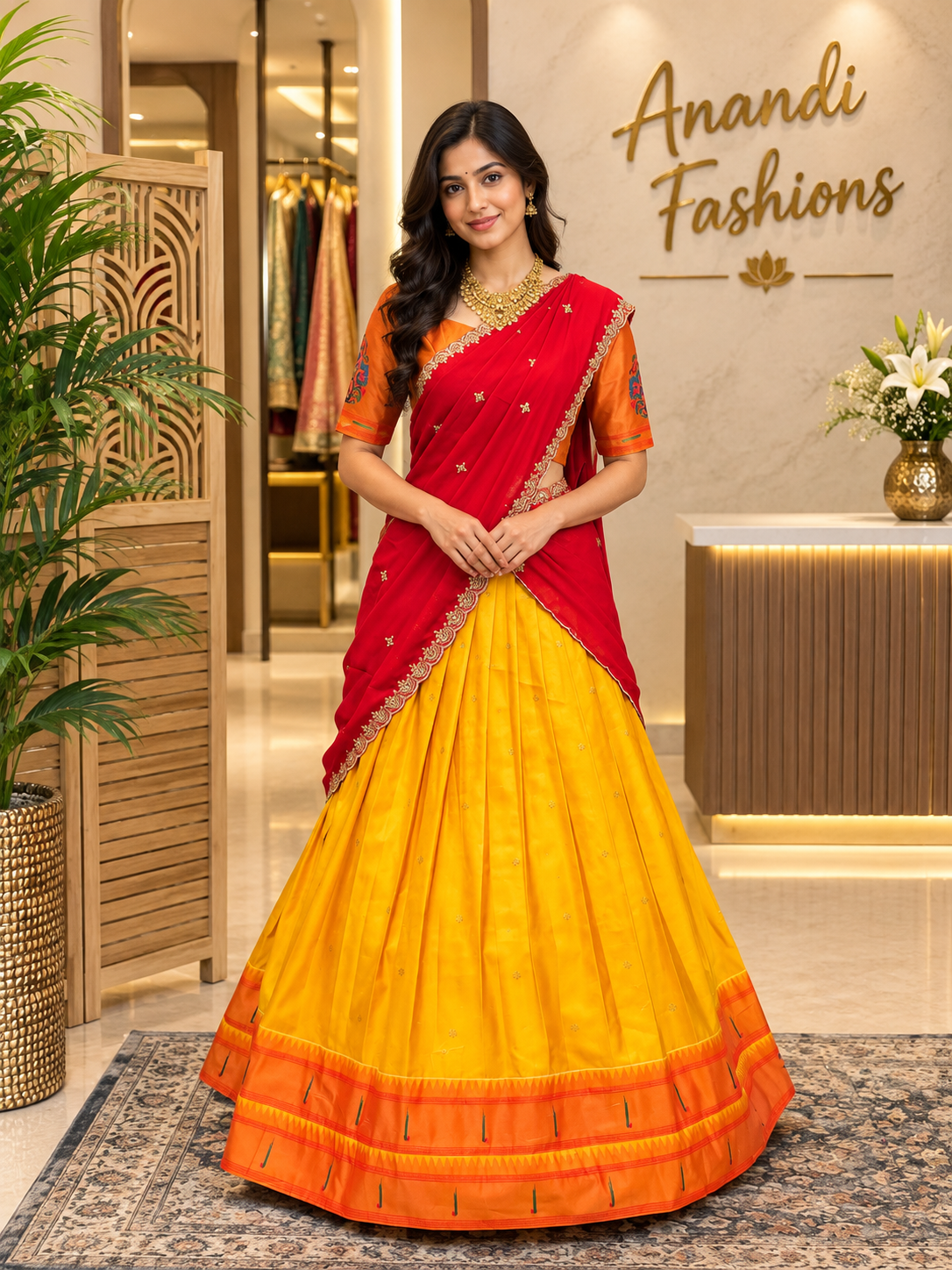 Teenage Girls Yellow & Red Semi Paithani Half saree/Lehenga set