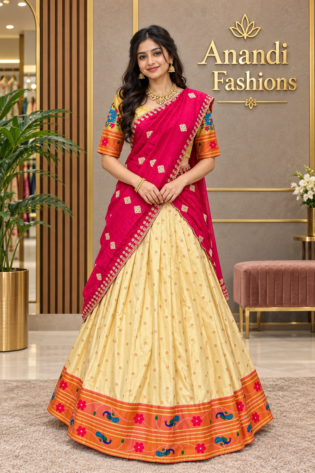 Teenage Girls Semi Paithani Half Saree/Lehenga set in Beige Color