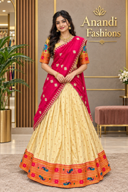 Teenage Girls Semi Paithani Half Saree/Lehenga set in Beige Color