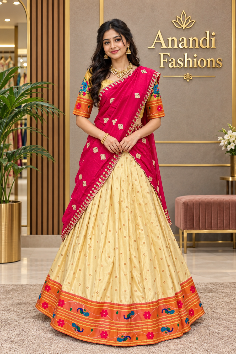 Teenage Girls Semi Paithani Half Saree/Lehenga set in Beige Color