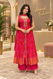 Party Wear Pink Silk Bandhini Palazzo set