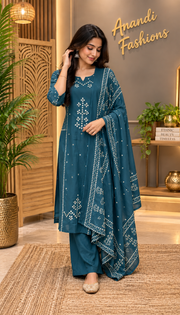 Plus size Pure Cotton Teal Blue kurti set