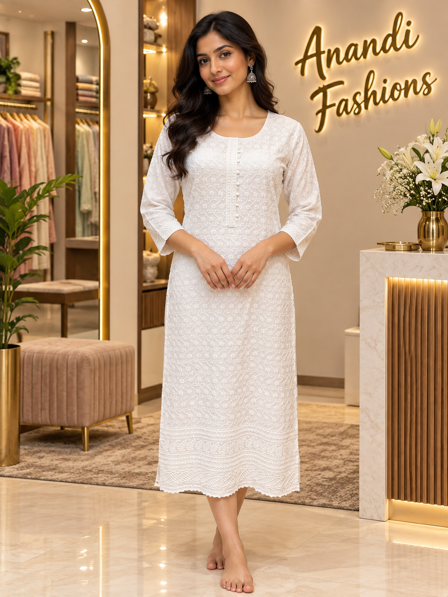 Soft Rayon White Chikankari Kurti
