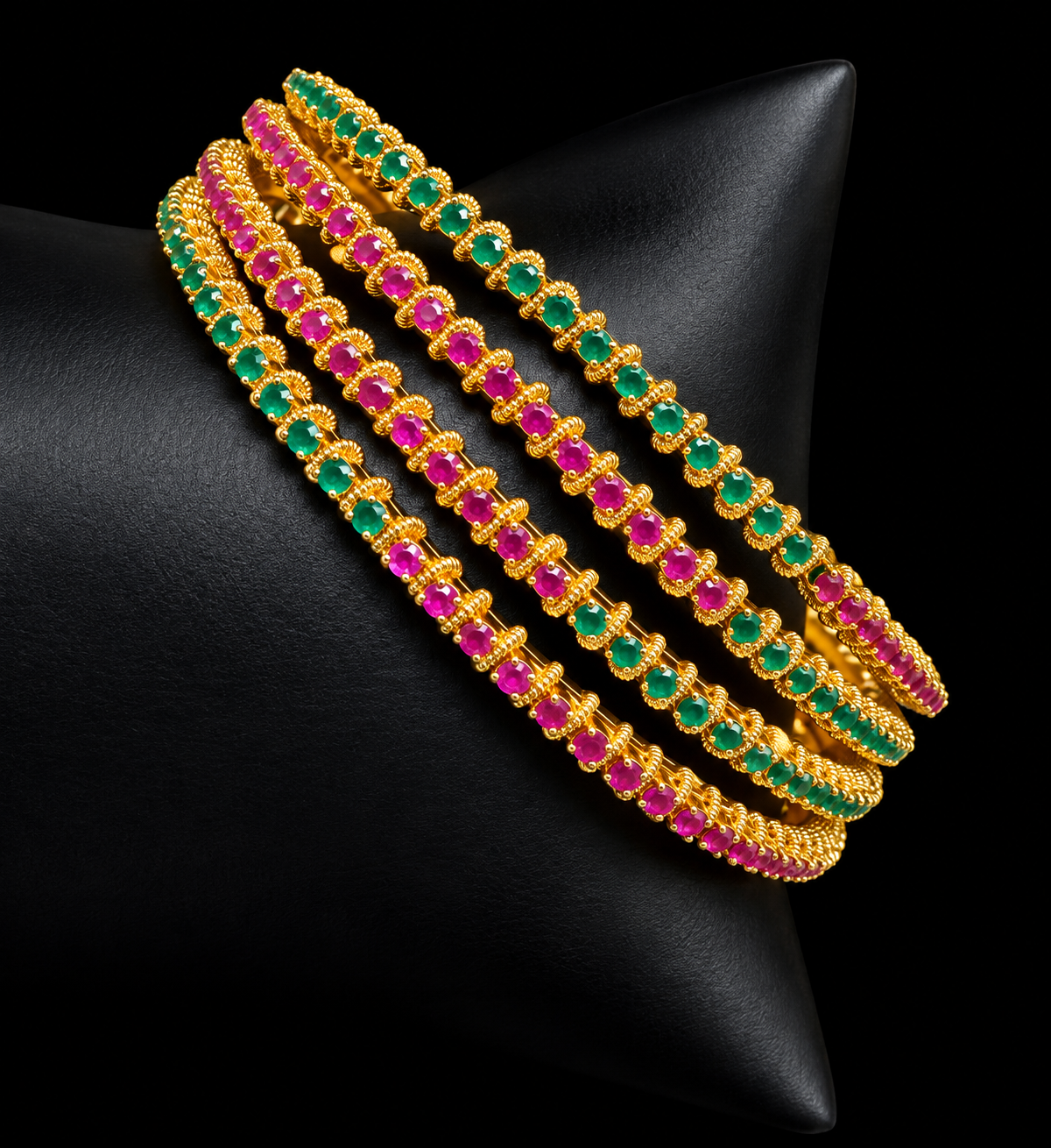 Gold Finish - Pink & Green Stones Thin Bangles set - set of 4