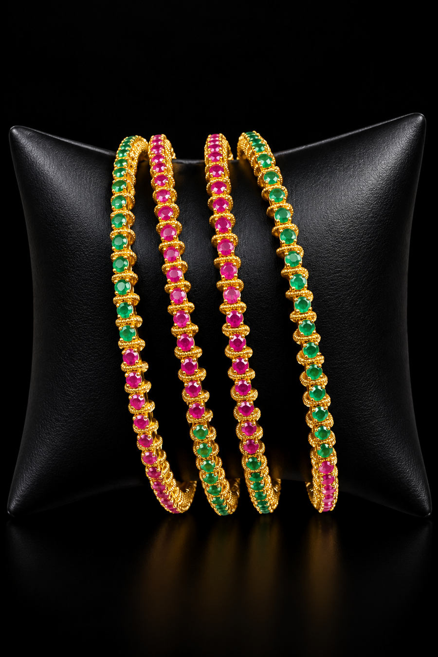 Gold Finish - Pink & Green Stones Thin Bangles set - set of 4