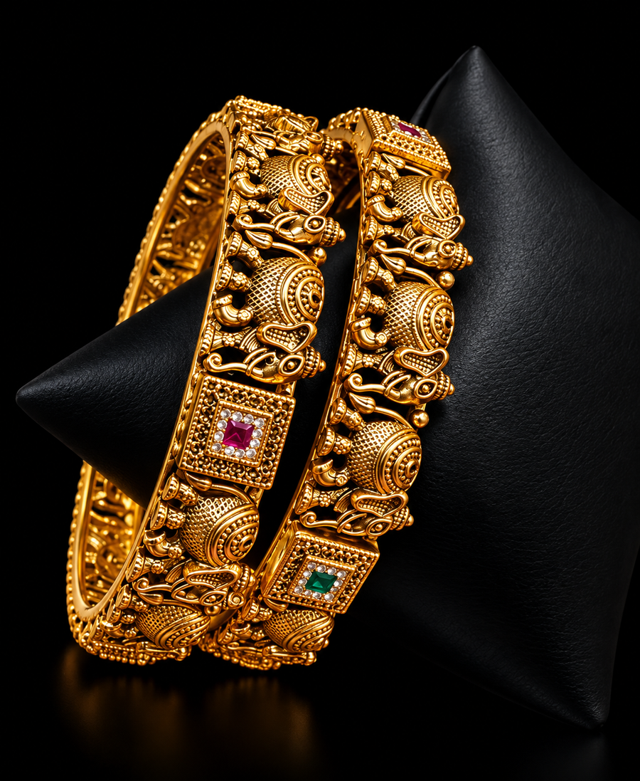 Antique Finish Elephant Design Bangles - set of 2