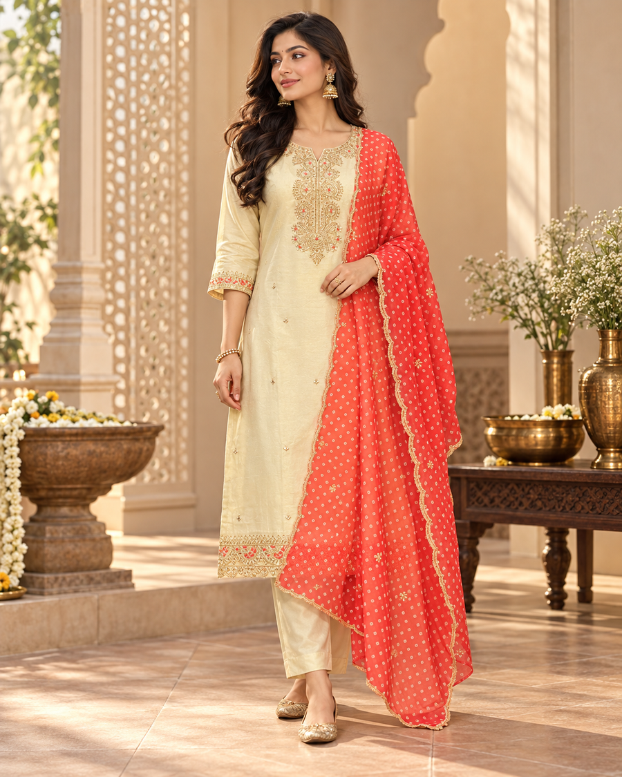Tissue Half White Kurti set with Bandhini Dupatta