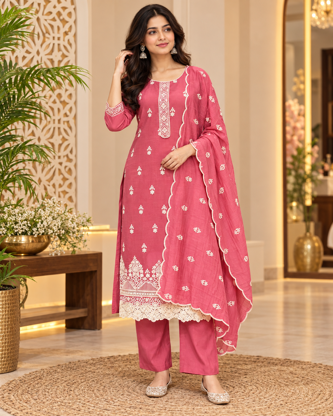 Pink Mul Chanderi kurti set