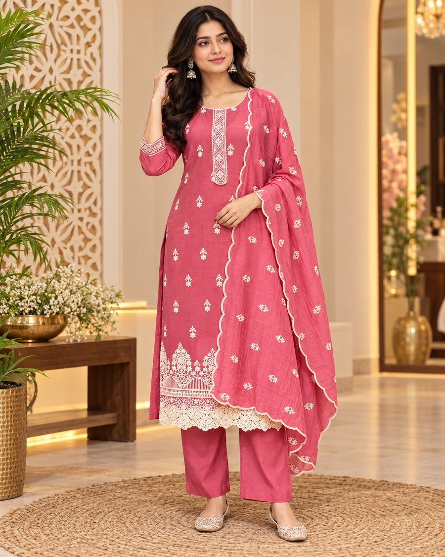 Pink Mul Chanderi kurti set