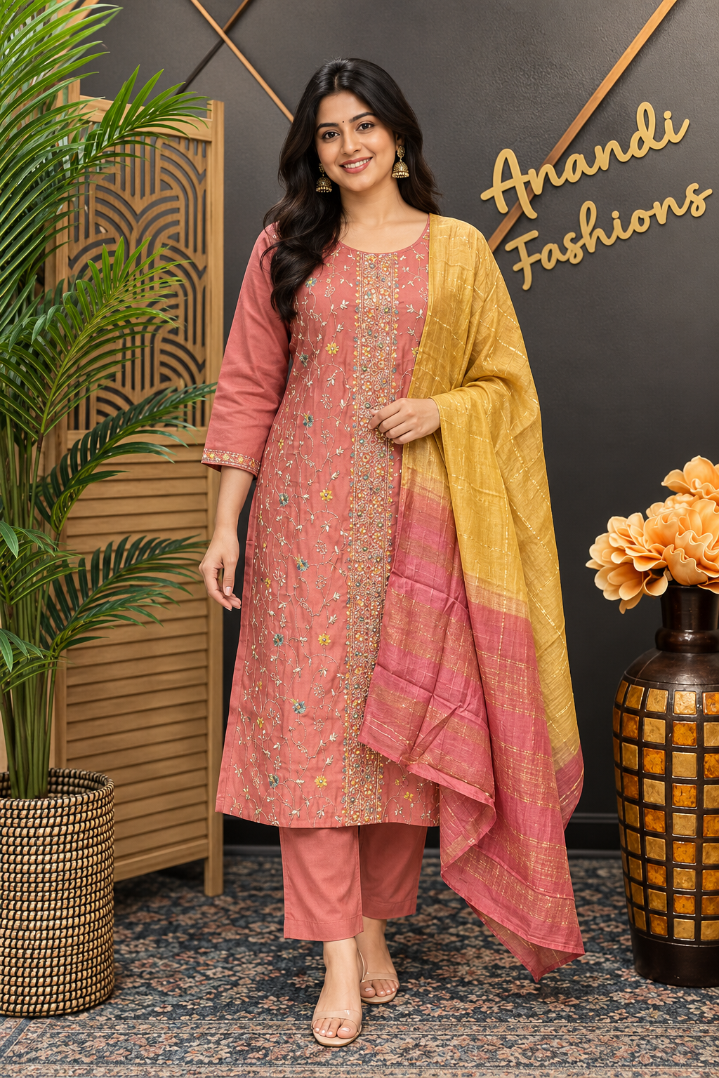 Women’s Onion Pink Embroidery Work Kurti Set