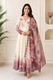Women’s Half White Floral Long with Dupatta Kurti Set