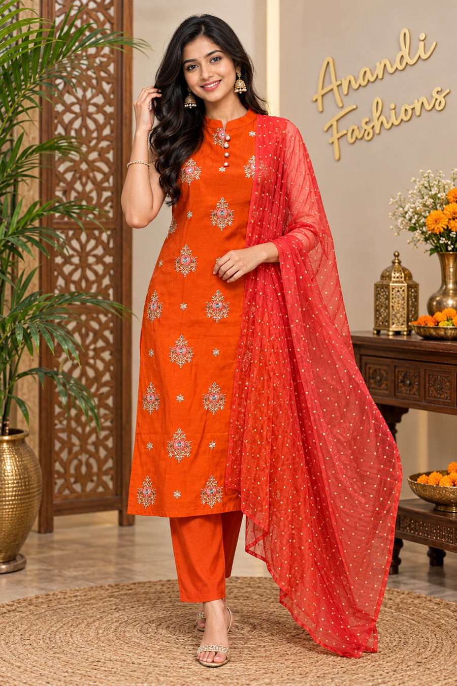 Women’s Orange Sleeveless Silk Kurti Set