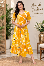 Women’s Yellow Shade Mid Length Patterned Dress/Long Kurti