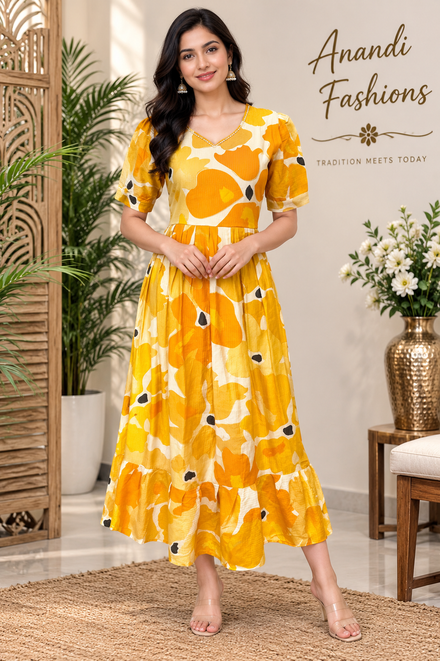 Women’s Yellow Shade Mid Length Patterned Dress/Long Kurti