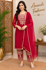 Women’s Red Georgette Embroidery Work Pants Kurti Set