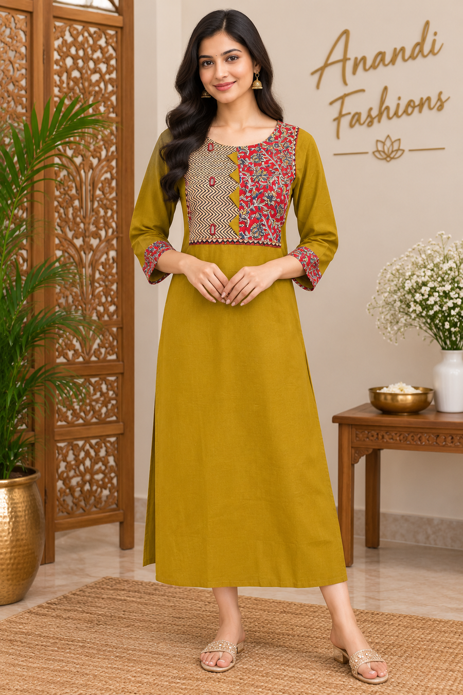 Women’s Pure Cotton Kalamkari Border with Mirror Work Kurti - Women - Kurti - Anandi Fashions