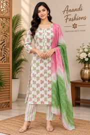 Women’s White Pure Cotton Print Summer Kurti Set - Women - Kurti Set - Anandi Fashions
