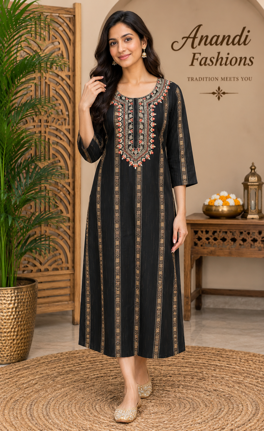 Women’s Black Cotton Kurti with Design Work Embroidered Kurti - Women - Kurti - Anandi Fashions