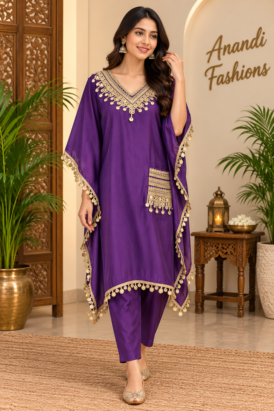 Women’s Purple Kaftan Silk Set/ Kurti Set - Women - Kurti Set - Anandi Fashions