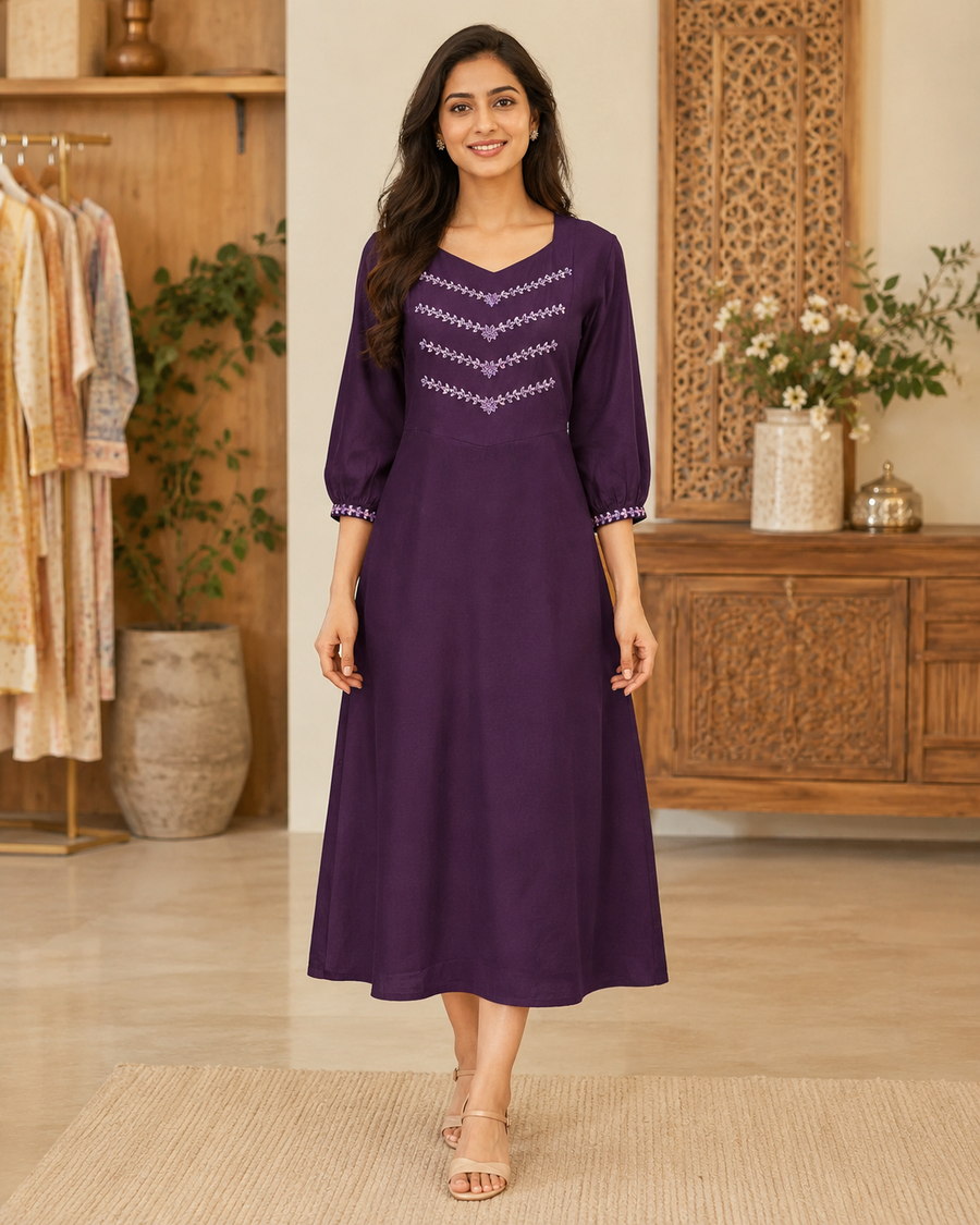 Women’s Purple Cotton Long Kurti with Embroidery - Women - Long Kurti - Anandi Fashions