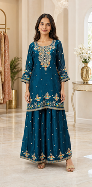 Women’s Teal Blue Party Wear Palazzo Set
