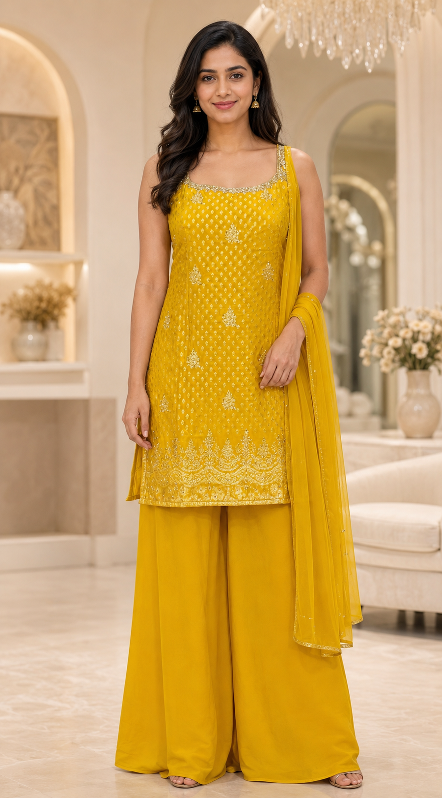 Women’s Yellow Benarasi Silk Sleeveless Palazzo Set