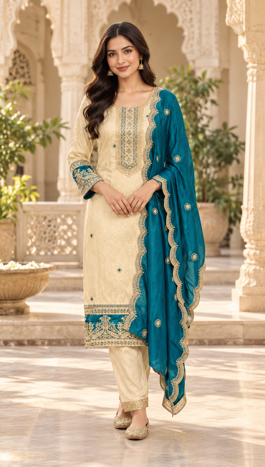 Half White & Blue Benarasi Kurti set