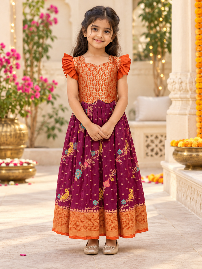 Girls’ Wine & Orange Little Girls Banarasi Long Dress
