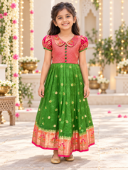 Little Girls' Pink & Green Banarasi Long Dress