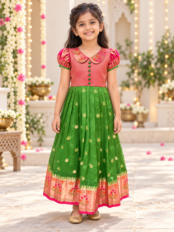 Little Girls' Pink & Green Banarasi Long Dress
