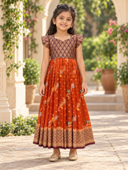Little Girls’ Orange Banarasi Long Dress