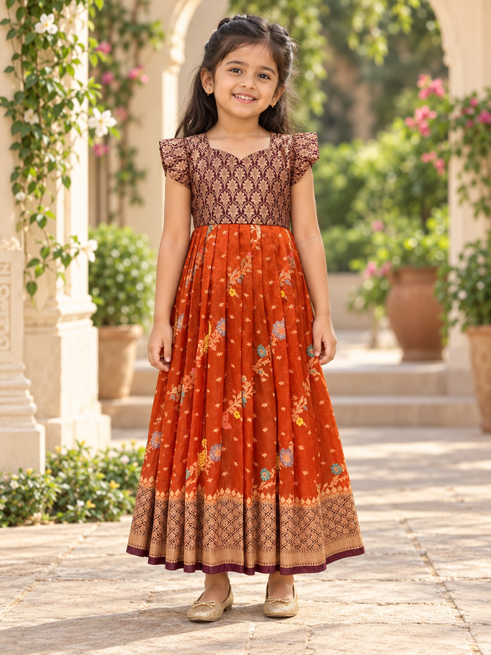 Little Girls’ Orange Banarasi Long Dress