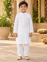 Boys’ White Cotton Kurta Pajama Set - Boys - Kurta Set - Anandi Fashions