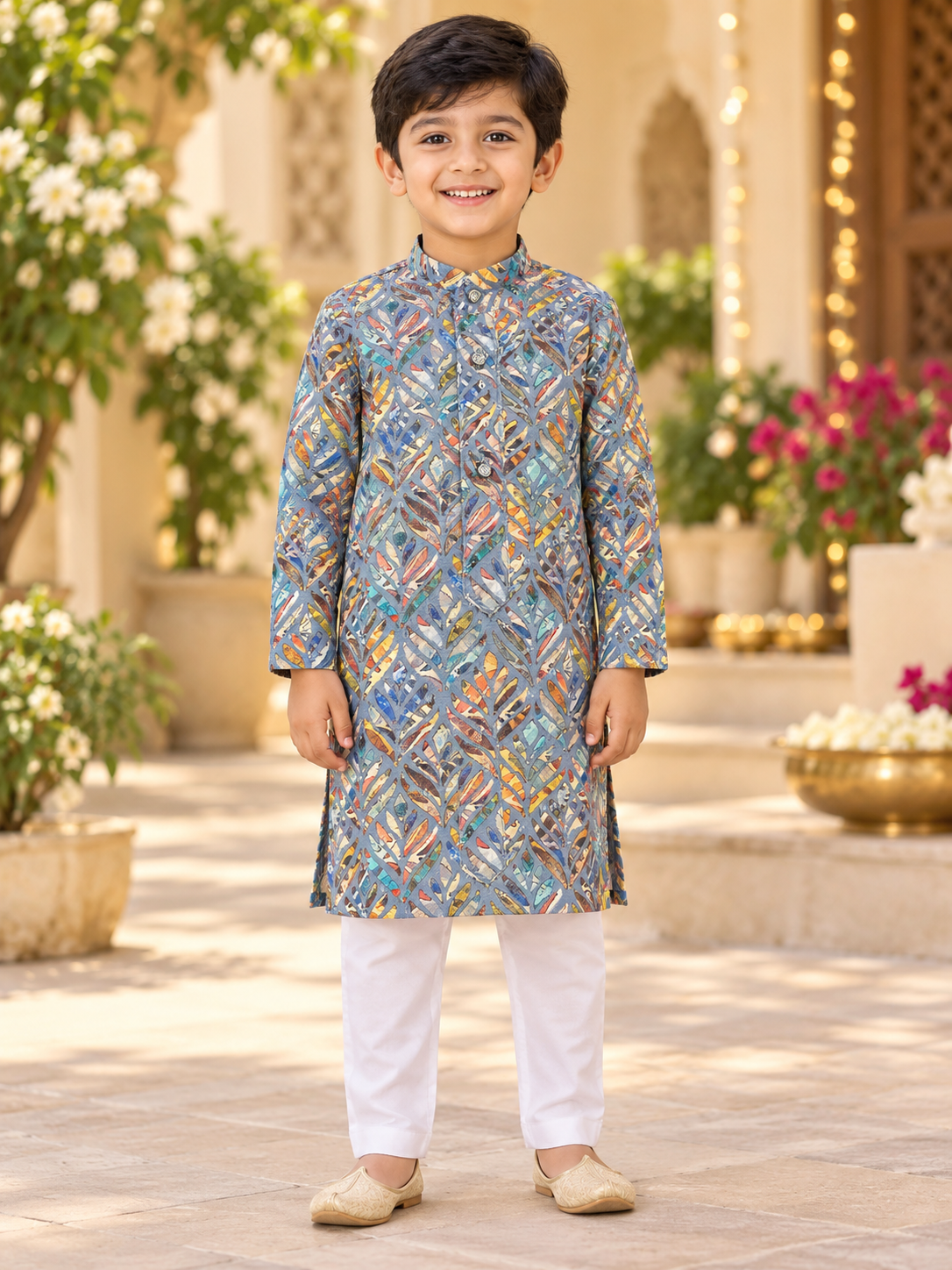 Boys’ Blue Digital Print Chikankari Kurta Pajama Set - Boys - Kurta Set - Anandi Fashions