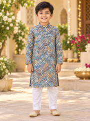 Boys’ Blue Digital Print Chikankari Kurta Pajama Set - Boys - Kurta Set - Anandi Fashions