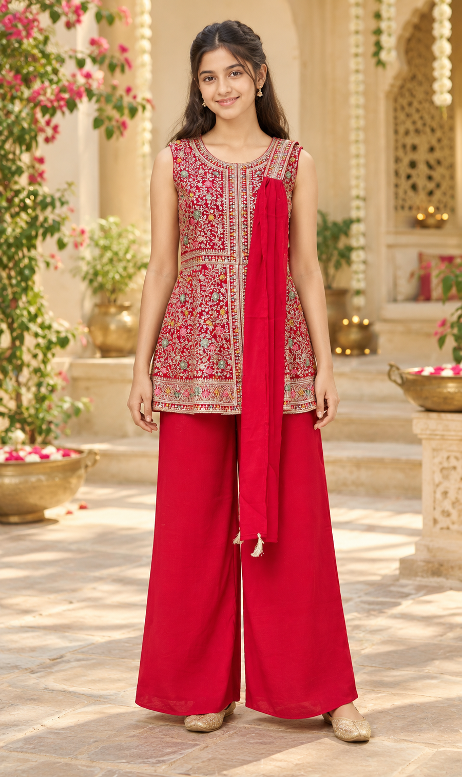 Teenage Girls’ Red Embroidered Sharara Set - Girls - Teenage Ethnic Wear - Anandi Fashions