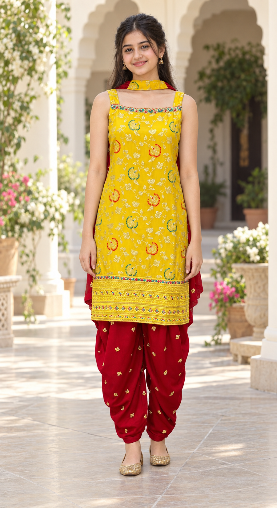 Teenage Girls’ Yellow & Red – Teens patiala / Kurti set