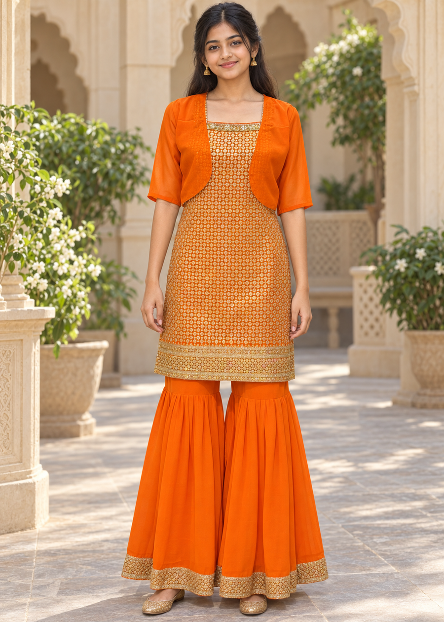 Teenage Girls’’ Orange Georgette Sharara Set