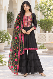 Teenage Girls’’ Black Georgette Embroidered Sharara Set - Girls - Teenage Ethnic Wear - Anandi Fashions