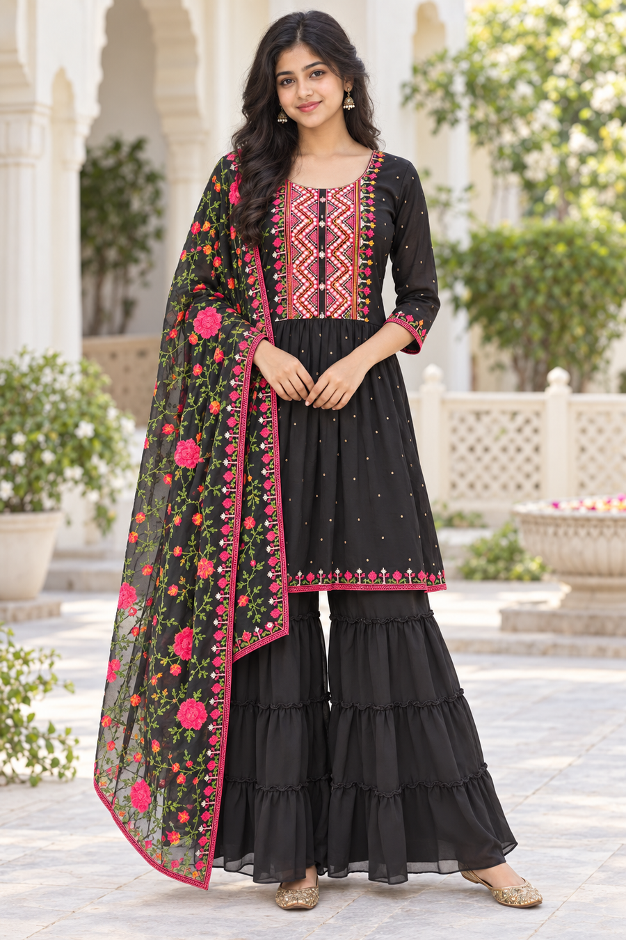 Teenage Girls’’ Black Georgette Embroidered Sharara Set - Girls - Teenage Ethnic Wear - Anandi Fashions