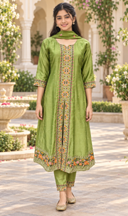 Teenage Girls’’ Light Green Embroidered Anarkali Churidar Set