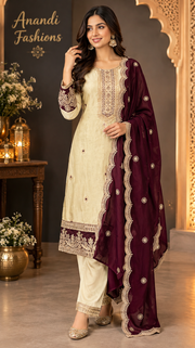 Half White & Wine Benarasi Kurti set