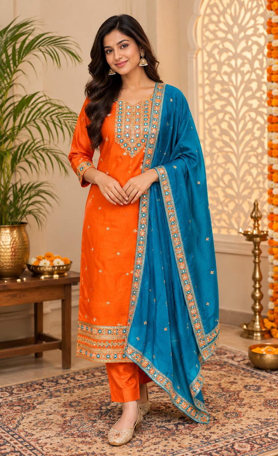 Orange Plus size Party Wear kurti set