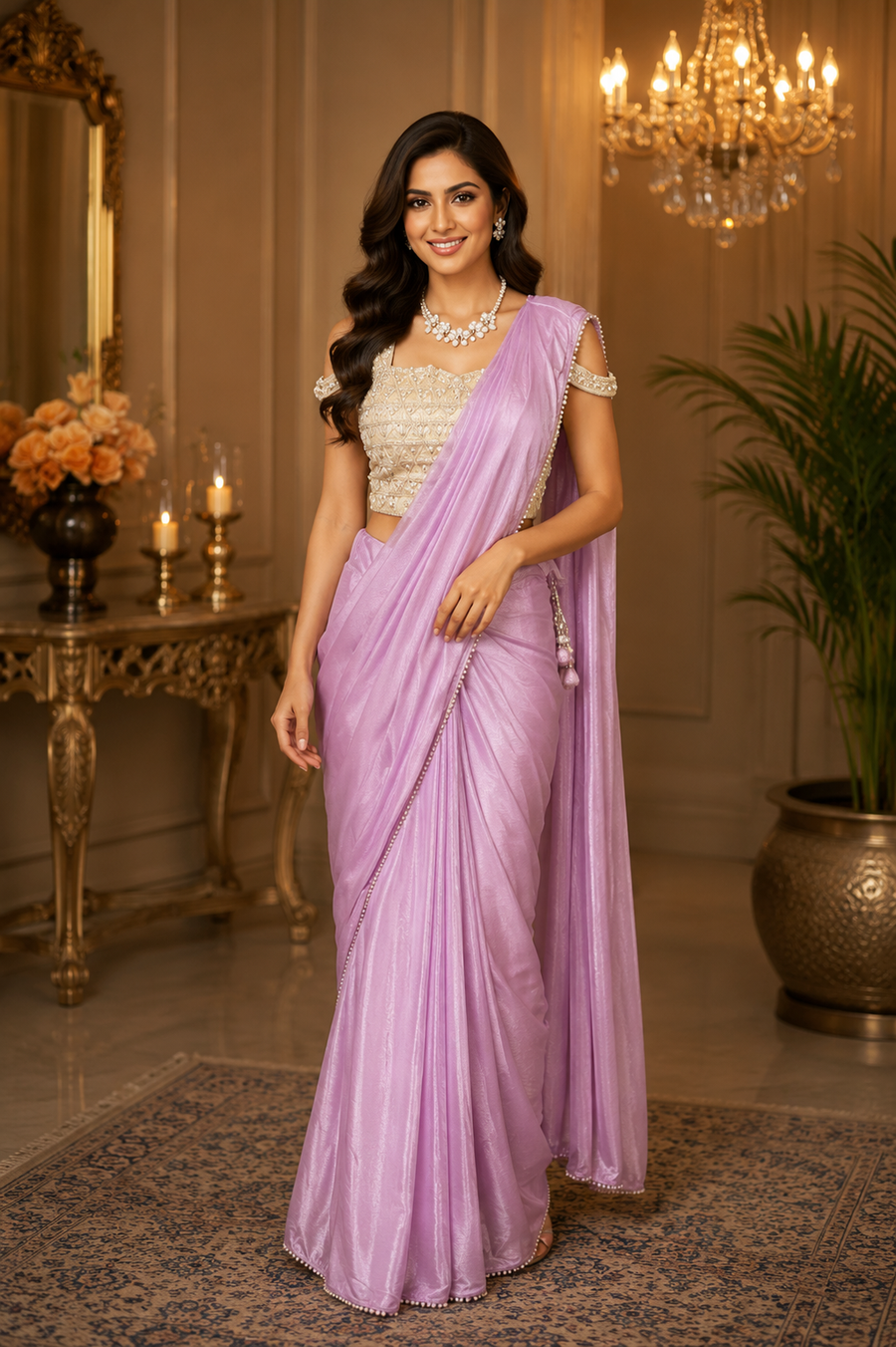 Lilac Satin Pre-Draped Saree with Pearl Border & Ivory Embroidered Blouse