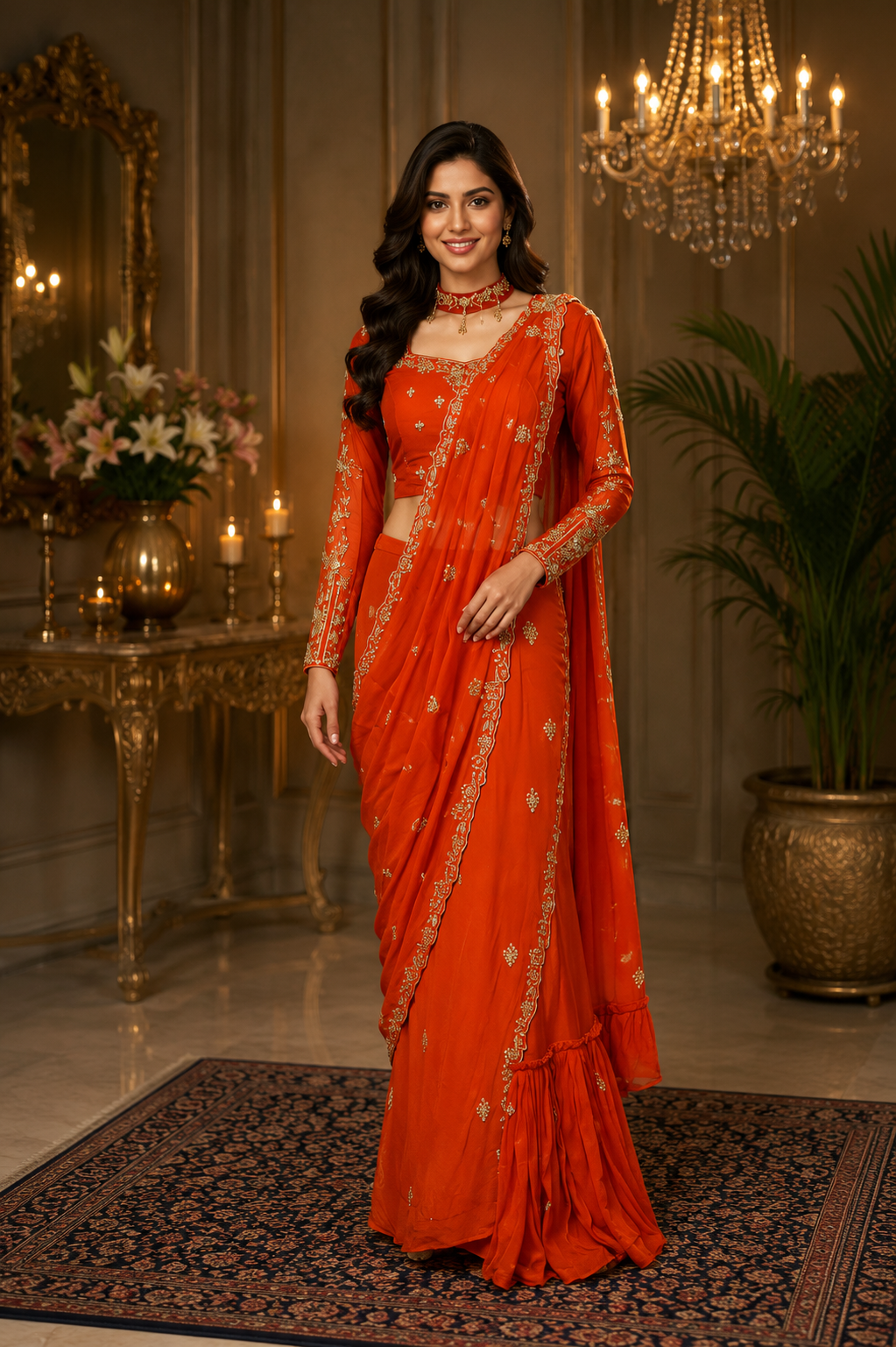 Orange Embroidered Georgette Ready to Wear Saree