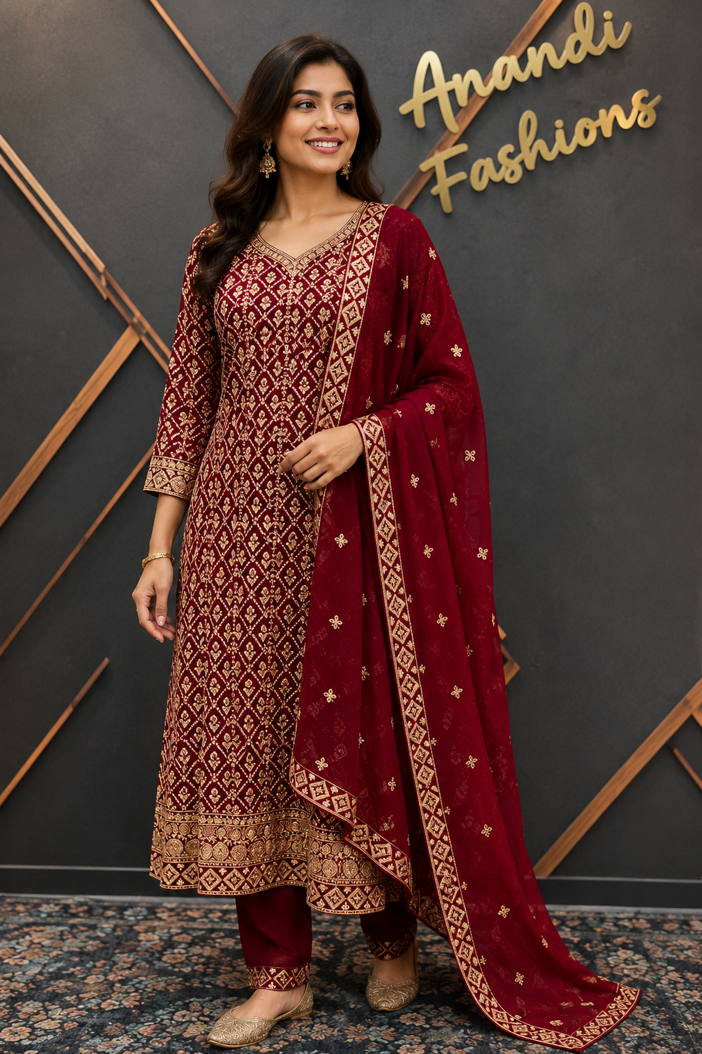 Maroon Georgette Anarkali Model Party Wear Kurti set