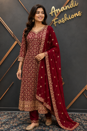 Maroon Georgette Anarkali Model Party Wear Kurti set
