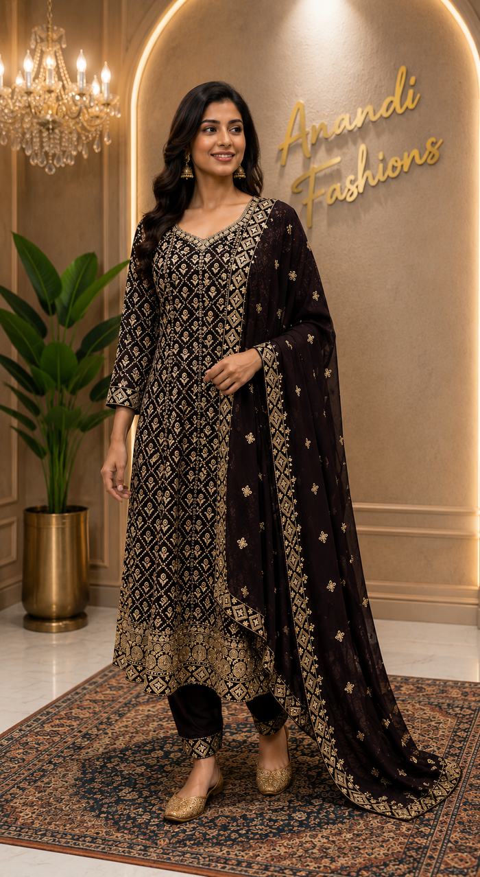 Women’s Brown Georgette Anarkali Party Wear Kurti Set